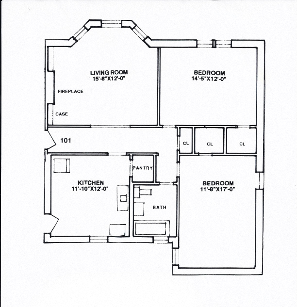 Floor plan for 2 beds, 1 bath, 1050 sqft